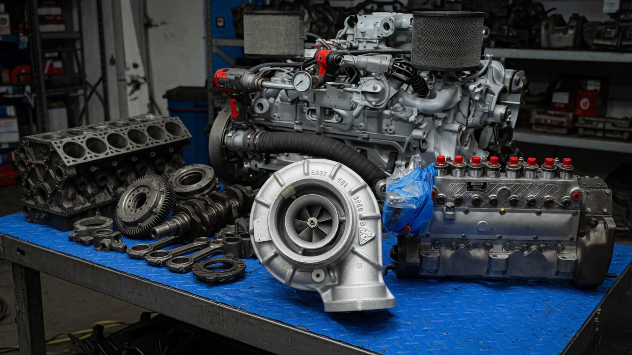 New old-stock Detroit Diesel Series 149 parts in original factory boxes at the North American Diesel Services warehouse in Fort Lauderdale, Florida